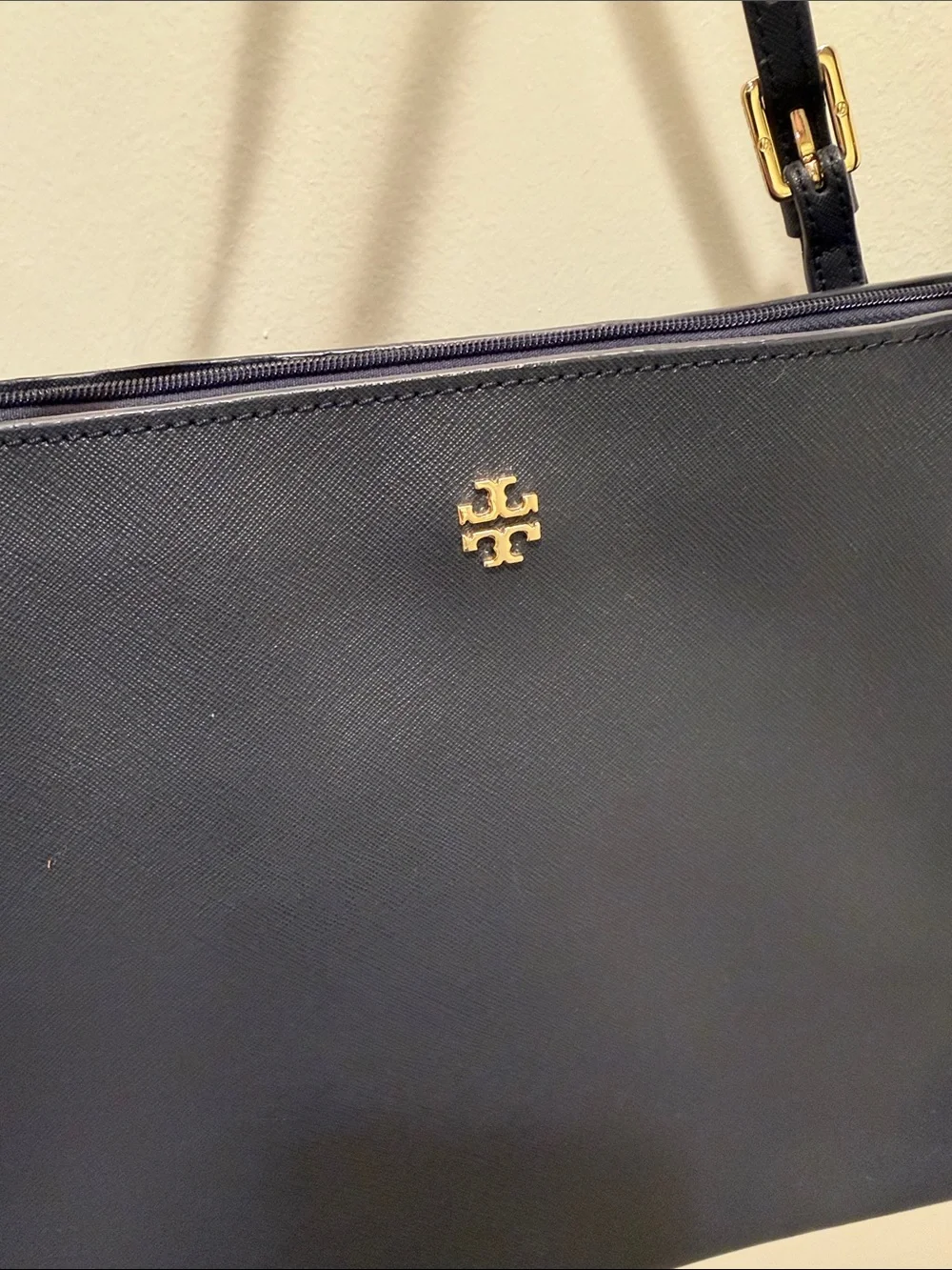 Tory Burch Navy Leather Double-Handle Tote with Gold Logo